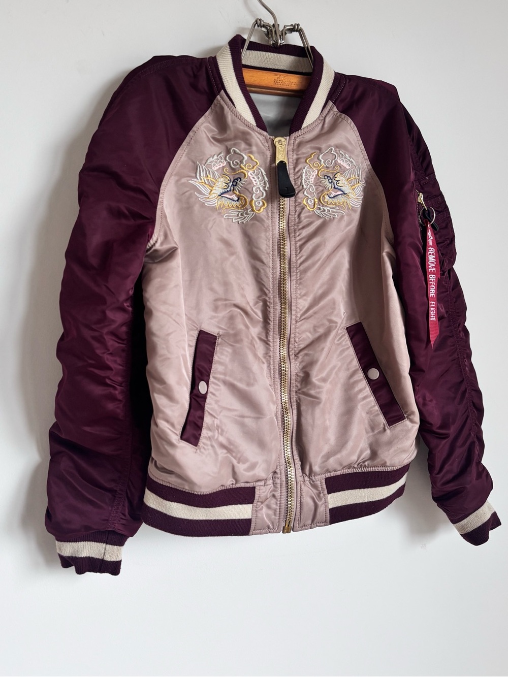Alpha Industries Women’s Satin Bomber Jacket - Dusty Pink & Burgundy - Picture 3 of 8